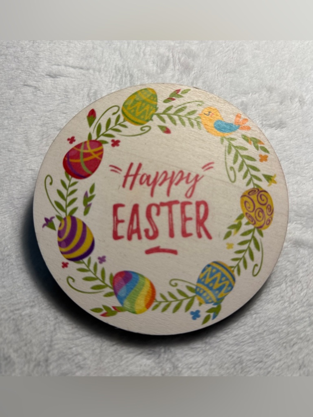 Happy Easter Round Wood Sign - Colorful Egg Wreath